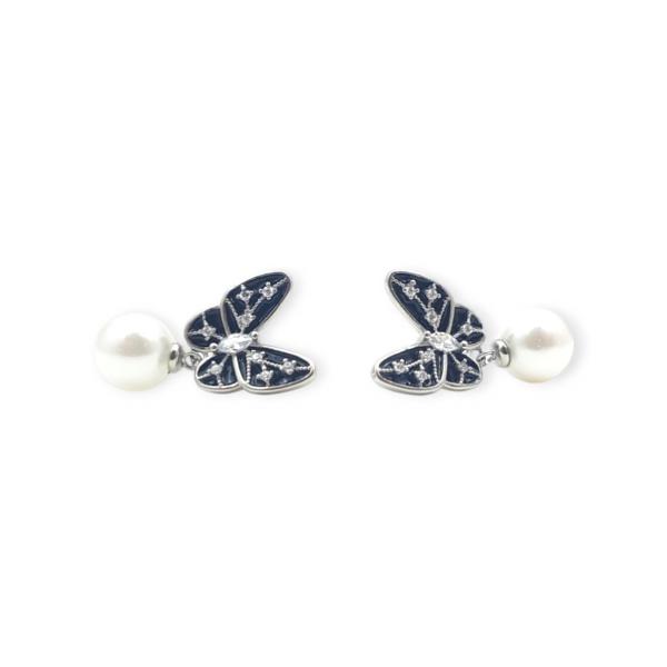 925 Sterling Silver Hanging Tops in Butterfly Shape with Black Colour and White Pearl